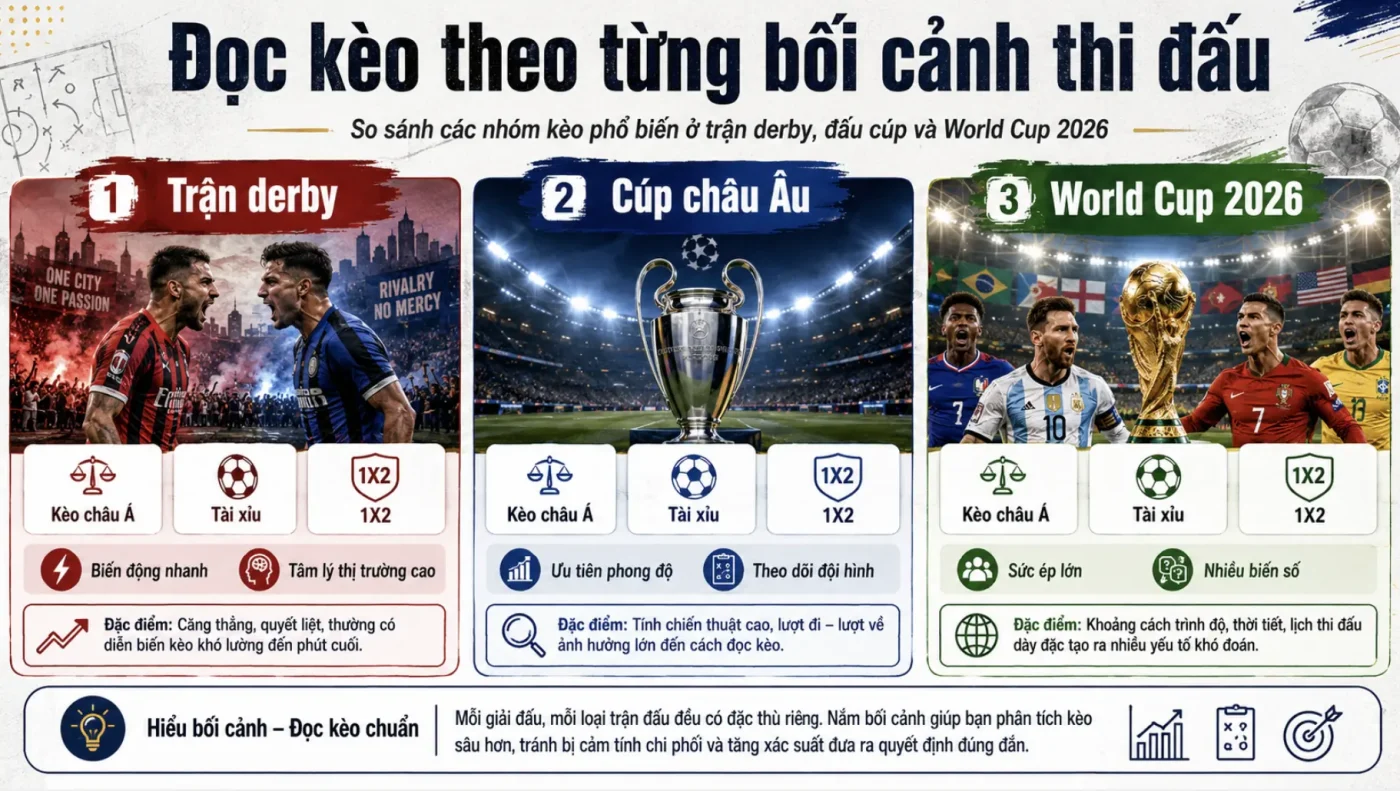 So sánh các nhóm kèo phổ biến ở trận derby, đấu cúp và trận lớn